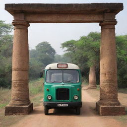 An old bus entering a traditional Indian village through two ancient, long pillars that mark the entrance, set in the year 2000