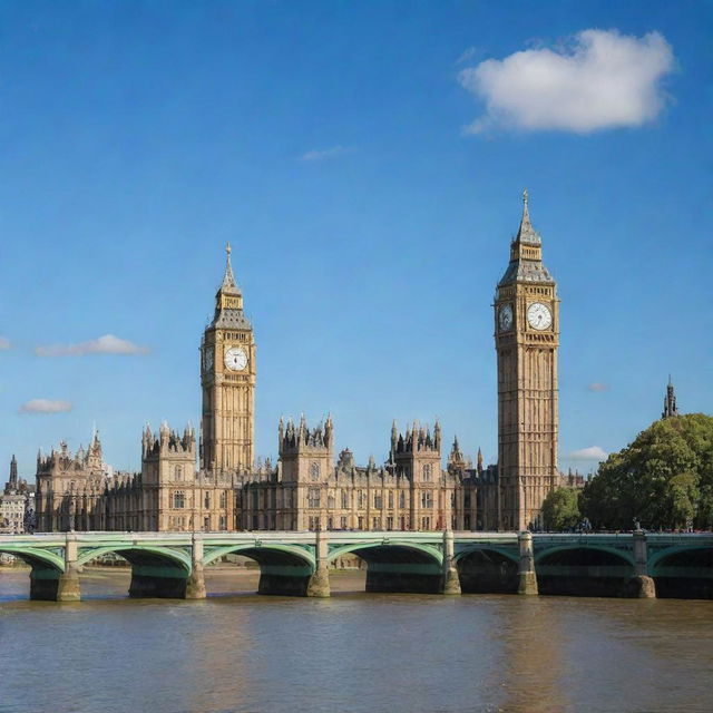 A detailed, picturesque view of the United Kingdom's iconic landmarks including Big Ben, London Eye, and Stonehenge under a clear blue sky.