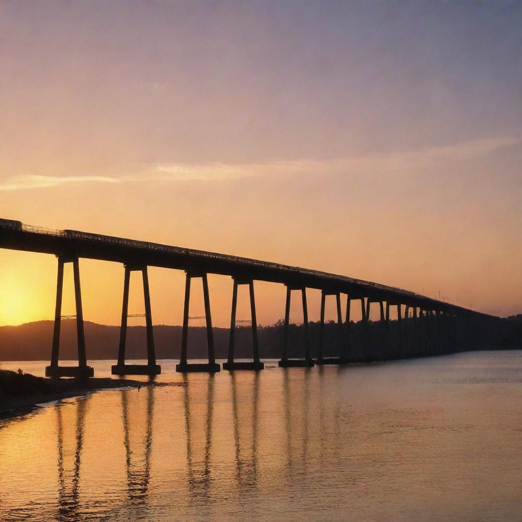 A train traversing a long bridge against the backdrop of a breathtaking sunrise.