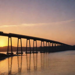 A train traversing a long bridge against the backdrop of a breathtaking sunrise.