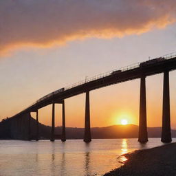 A train traversing a long bridge against the backdrop of a breathtaking sunrise.