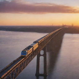 A train traversing a long bridge against the backdrop of a breathtaking sunrise.