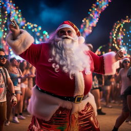 A plump Santa Claus in trendy hypebeast attire, raving at Coachella without a shirt, surrounded by colorful glowsticks and energetic ambiance.