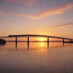 A train traversing a long bridge against the backdrop of a breathtaking sunrise.