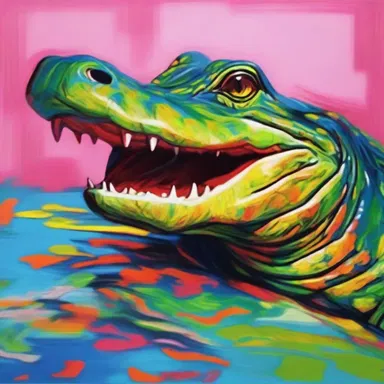 The artist used vibrant colors and bold strokes to depict the caiman in his painting.