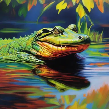 The artist used vibrant colors and bold strokes to depict the caiman in his painting.