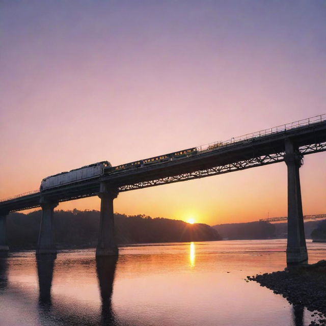 Illustration of a train crossing a bridge, seen from the back, with a stunning sunrise in the background.