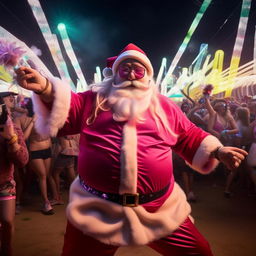 A plump Santa Claus in trendy hypebeast attire, raving at Coachella without a shirt, surrounded by colorful glowsticks and energetic ambiance.