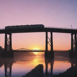 Illustration of a train crossing a bridge, seen from the back, with a stunning sunrise in the background.