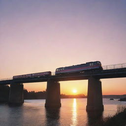 Illustration of a train crossing a bridge, seen from the back, with a stunning sunrise in the background.