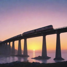 Illustration of a train crossing a bridge, seen from the back, with a stunning sunrise in the background.