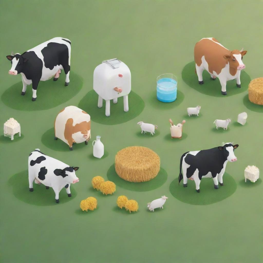 Illustrate a professional dairy farming management system that's visually appealing. Include elements like cheerful cows, adorable farm elements, and softer, friendly versions of traditional farming tools and analytics.