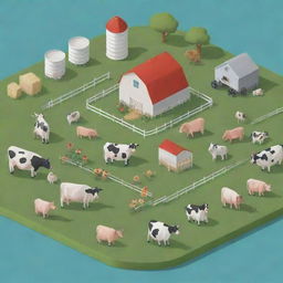 Illustrate a professional dairy farming management system that's visually appealing. Include elements like cheerful cows, adorable farm elements, and softer, friendly versions of traditional farming tools and analytics.