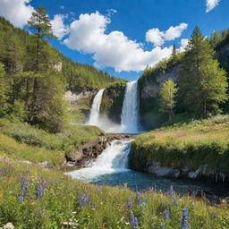 A vibrant, serene natural landscape filled with dense forests, a sparkling waterfall, blooming wildflowers and a clear blue sky with clouds.