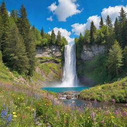 A vibrant, serene natural landscape filled with dense forests, a sparkling waterfall, blooming wildflowers and a clear blue sky with clouds.