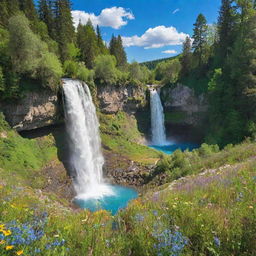 A vibrant, serene natural landscape filled with dense forests, a sparkling waterfall, blooming wildflowers and a clear blue sky with clouds.