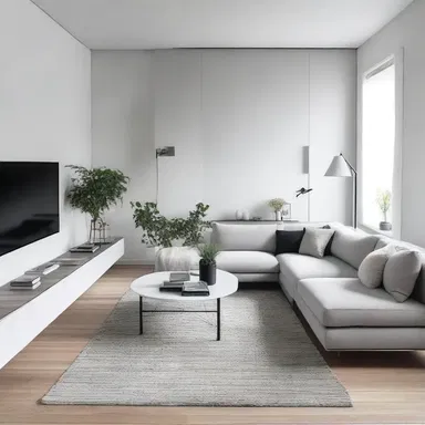 The colorless walls in the minimalist living room create a sense of spaciousness and cleanliness.