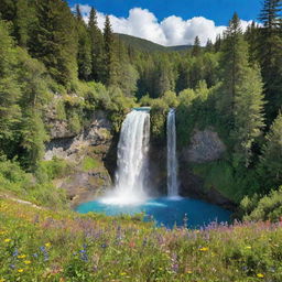 A vibrant, serene natural landscape filled with dense forests, a sparkling waterfall, blooming wildflowers and a clear blue sky with clouds.