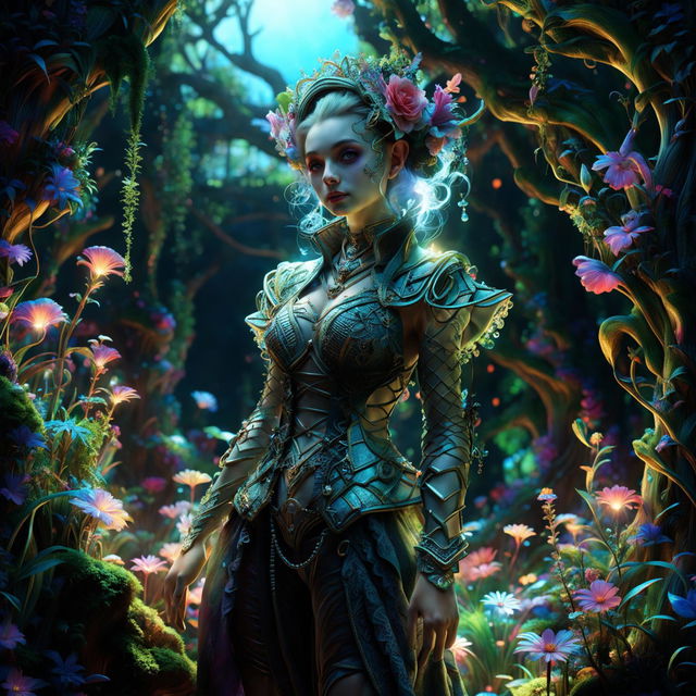 A hyper-realistic 3D Rococo Cyberpunk elf stands in a mystical forest with light filtering through the trees and glowing flowers scattered around. The elf's attire is a fusion of 18th-century Rococo fashion and futuristic cyberpunk elements.