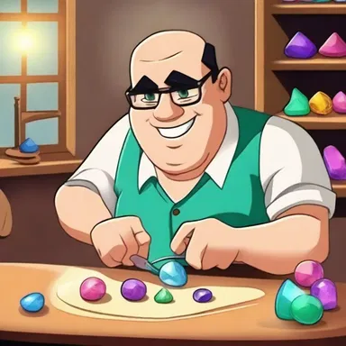 The gem cutter in the cartoon carefully carves and polishes the precious stones, creating dazzling jewelry.