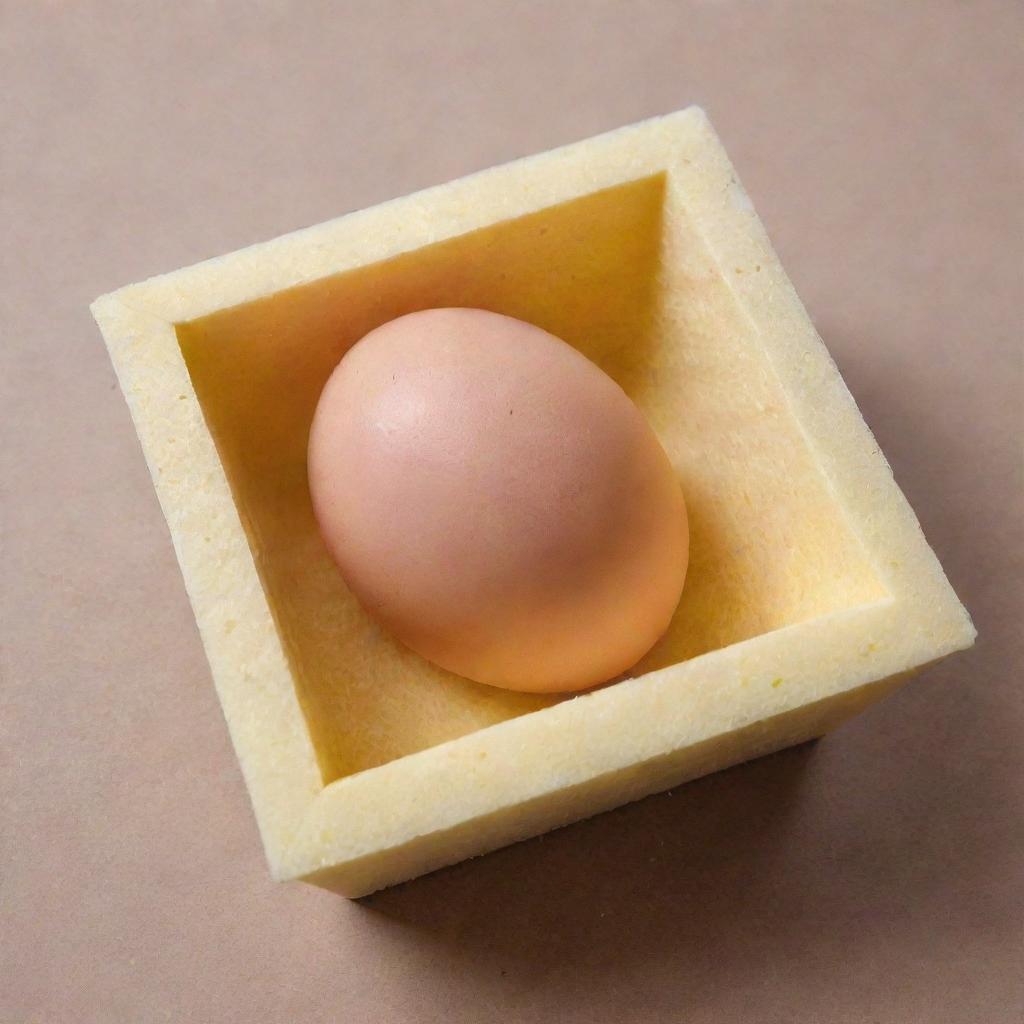 A chicken egg nestled in a square piece of soft sponge, which is carefully placed inside a shoebox.