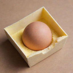 A chicken egg nestled in a square piece of soft sponge, which is carefully placed inside a shoebox.