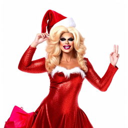 Cheerful Santa dressed in glamorous and show-stopping drag attire, exuding a sassy and fearless attitude.