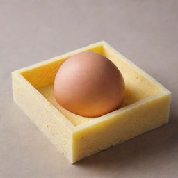 A chicken egg nestled in a square piece of soft sponge, which is carefully placed inside a shoebox.