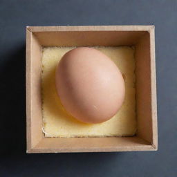 A chicken egg nestled in a square piece of soft sponge, which is carefully placed inside a shoebox.