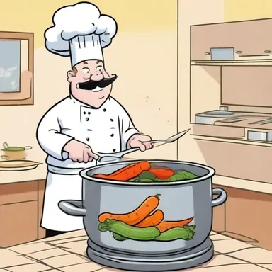 In the cartoon, the chef would comically parboil the vegetables, causing them to bounce around in the pot.