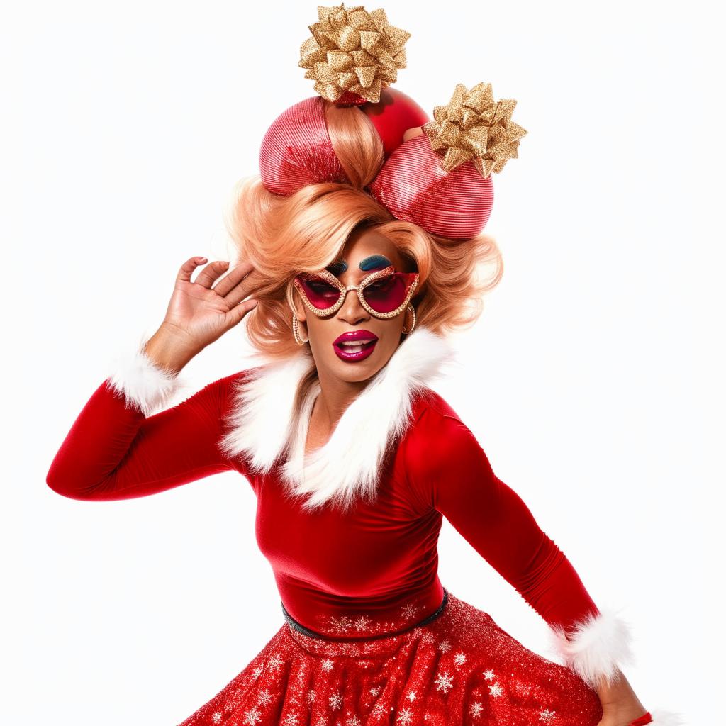 Cheerful Santa dressed in glamorous and show-stopping drag attire, exuding a sassy and fearless attitude.