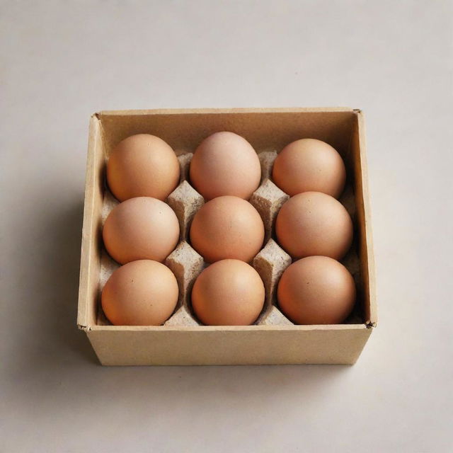 Several chicken eggs nestled comfortably in a square-shaped sponge, which is placed inside a shoebox.