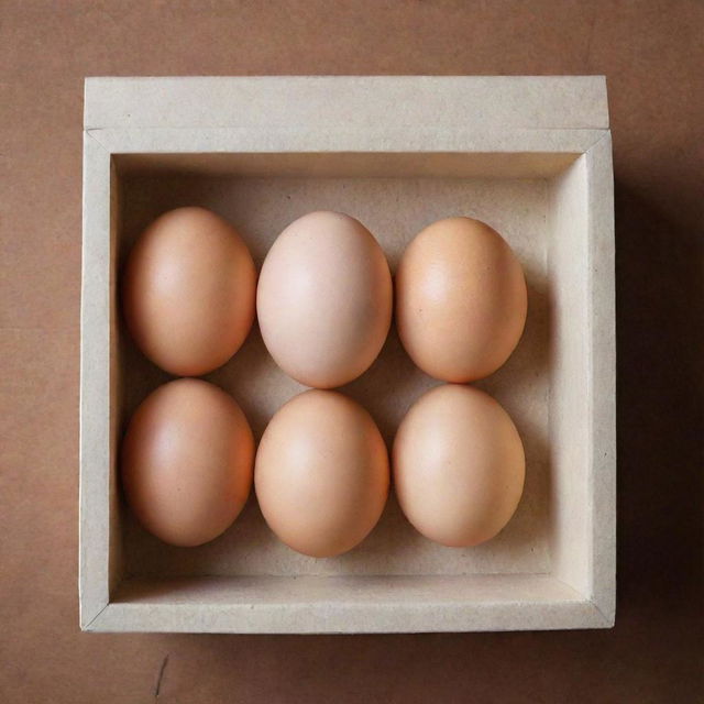Several chicken eggs nestled comfortably in a square-shaped sponge, which is placed inside a shoebox.