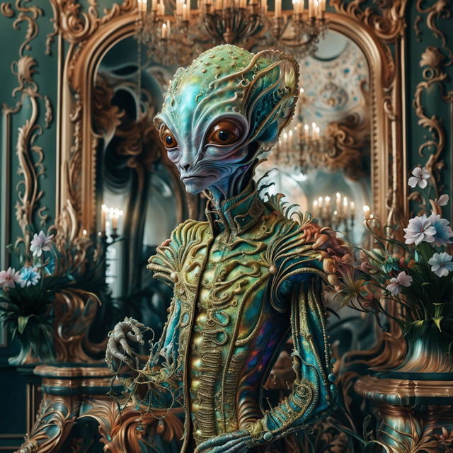 A hyper-realistic 3D alien in Rococo style amidst a vibrant, flower-filled grand hall.