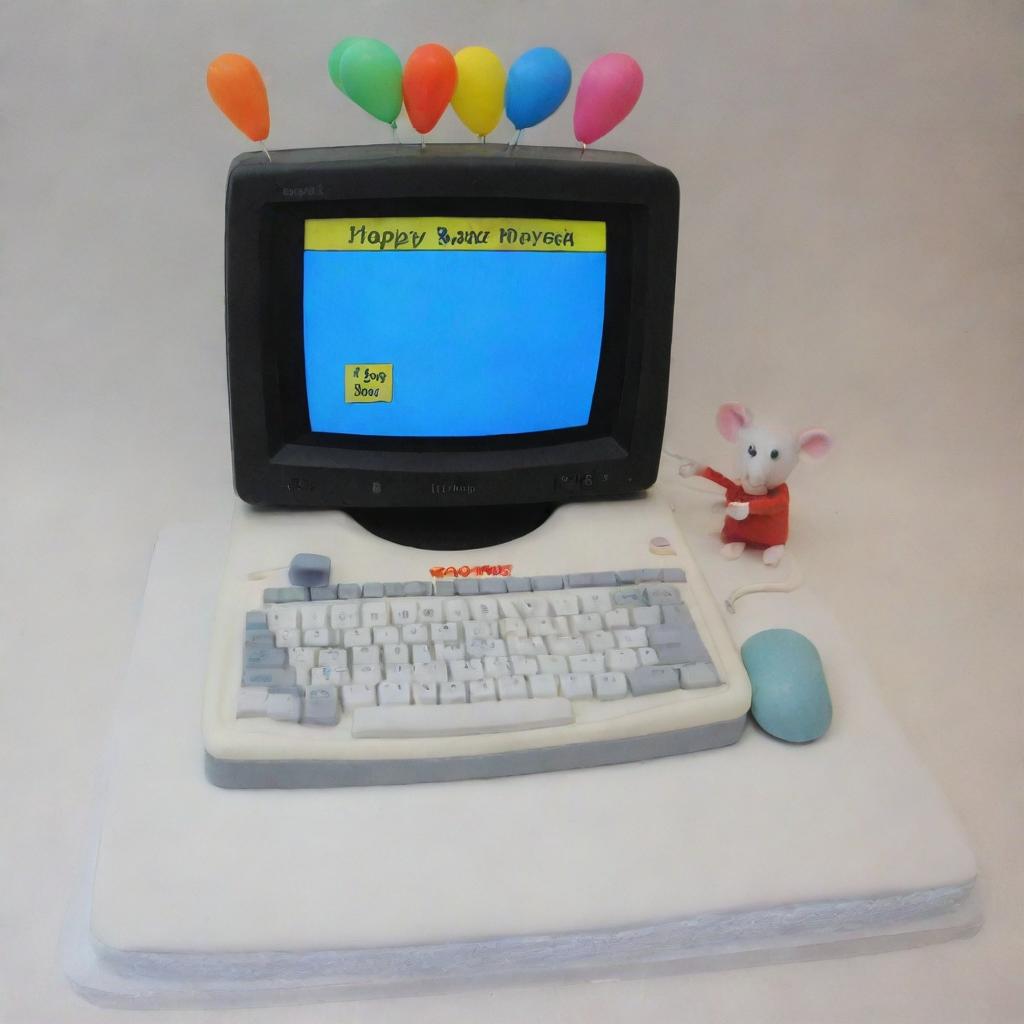 A birthday cake designed for a software engineer, featuring a monitor displaying 'Happy Birthday', a replica of a mouse and keyboard.
