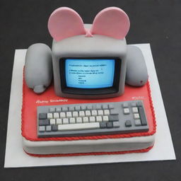 A birthday cake designed for a software engineer, featuring a monitor displaying 'Happy Birthday', a replica of a mouse and keyboard.