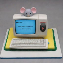 A birthday cake designed for a software engineer, featuring a monitor displaying 'Happy Birthday', a replica of a mouse and keyboard.