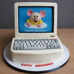 A birthday cake designed for a software engineer, featuring a monitor displaying 'Happy Birthday', a replica of a mouse and keyboard.