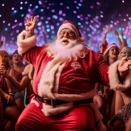 An overjoyed, plump Santa Claus raving extravagantly at Coachella in hypebeast attire. He is shirtless amidst a sea of vibrant glowsticks, ecstatically dancing and having the time of his life.