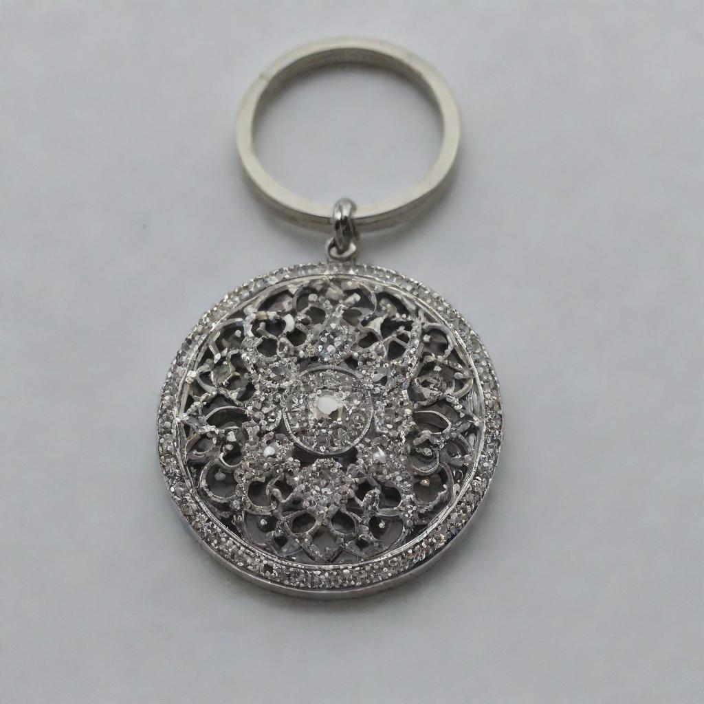 A glossy and intricately designed key chain sparkling in prime condition.