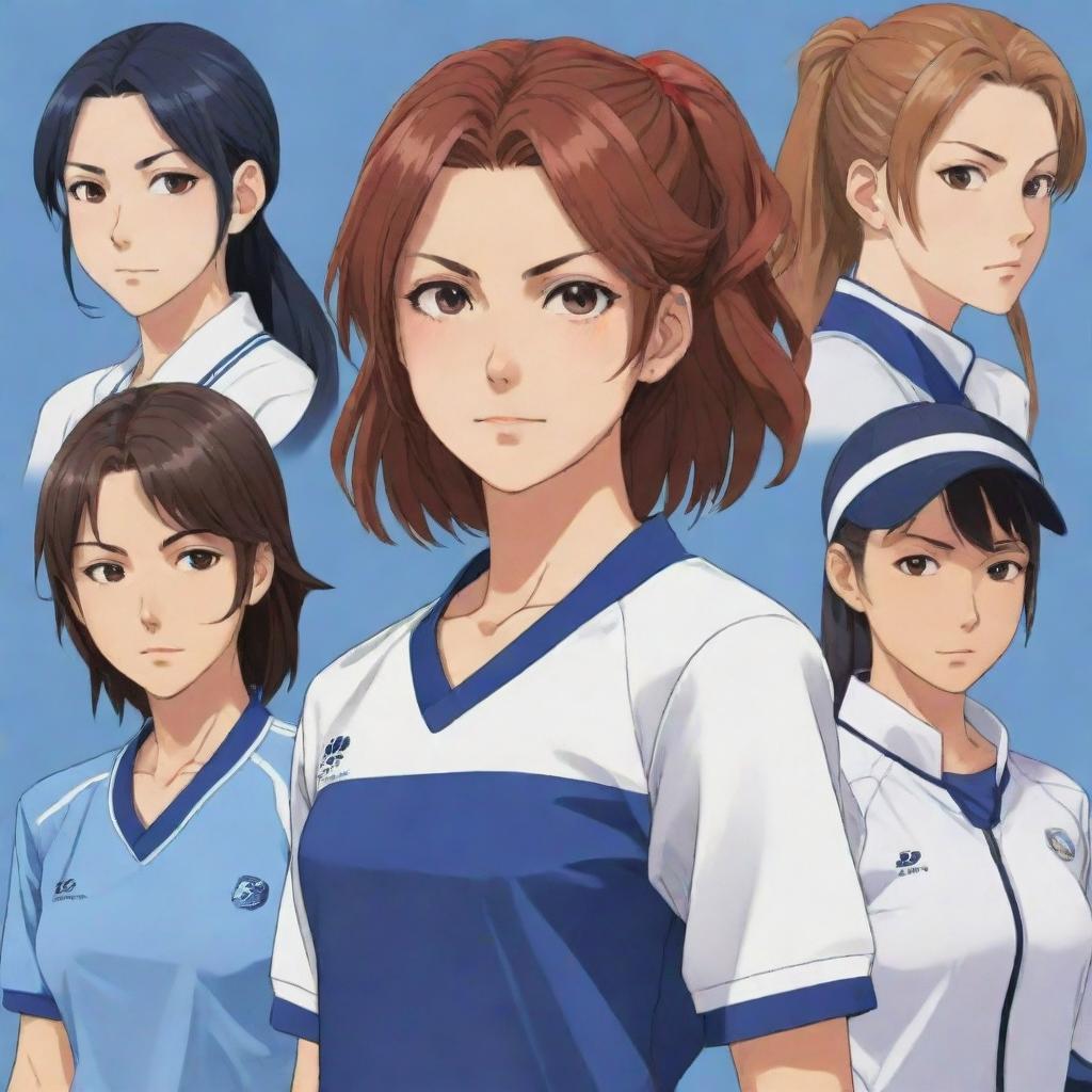 Anime-style female athletes in various sports uniforms, exuding confidence and determination