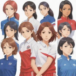 Anime-style female athletes in various sports uniforms, exuding confidence and determination