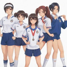 Anime-style female athletes in various sports uniforms, exuding confidence and determination