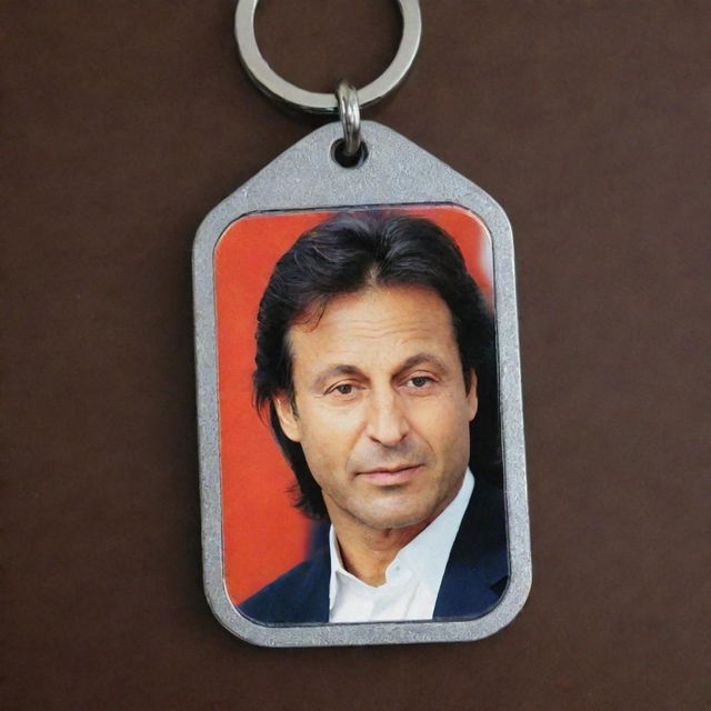 A glossy key chain glittering in prime condition, featuring an image of Imran Khan with a sharp and proud expression.