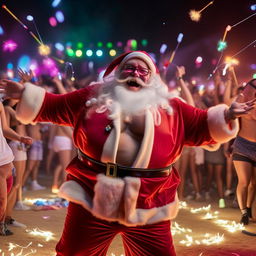 An overjoyed, plump Santa Claus raving extravagantly at Coachella in hypebeast attire. He is shirtless amidst a sea of vibrant glowsticks, ecstatically dancing and having the time of his life.