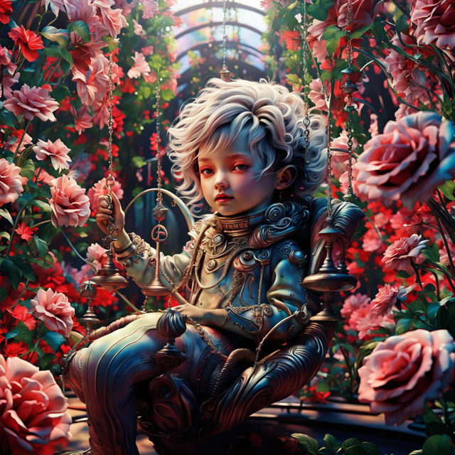 Hyper-realistic 3D rococo alien child swinging in a vibrant rose garden under warm sunlight.