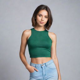 A stylish young woman confidently wearing a fashionable crop top.