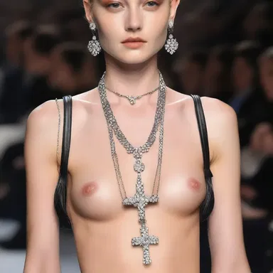 The designer showcased a stunning necklace featuring a miniature patriarchal cross pendant at the fashion show.