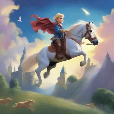 The magical horse flew through the sky, carrying the young hero on its back, as it conveyed him to the enchanted castle.
