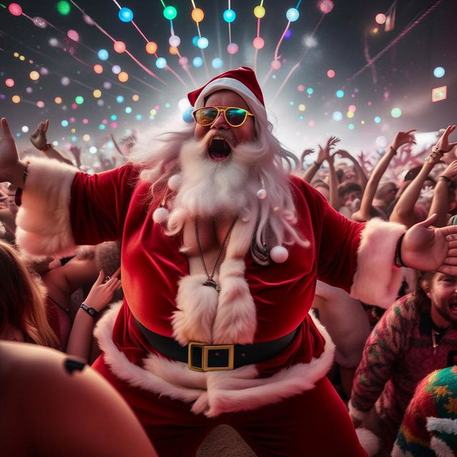 An overjoyed, plump Santa Claus raving extravagantly at Coachella in hypebeast attire. He is shirtless amidst a sea of vibrant glowsticks, ecstatically dancing and having the time of his life.